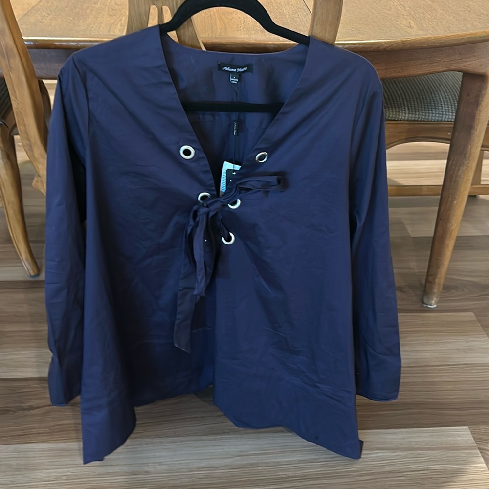 Athena Marie navy lace up cotton blouse